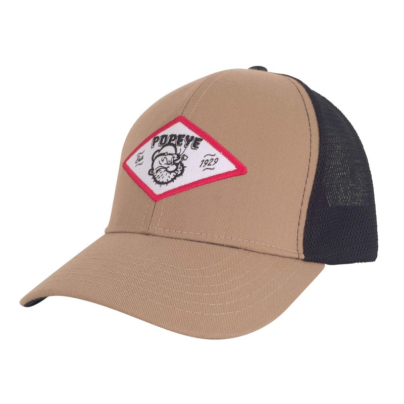 Tee Luv Popeye Cartoon Hat - Retro Popeye The Sailor Trucker Style Cap (Tan and Black) - Image 1